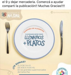 Colecta de alimentos a beneficio de los merenderos de Carlos Paz 