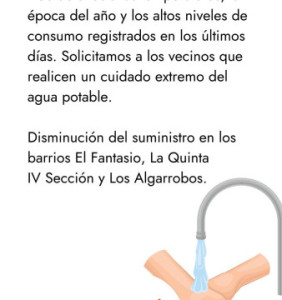 SE SOLICITA A LOS VECINOS CUIDADO EXTREMO DEL AGUA POTABLE